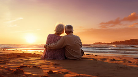 Loving senior couple spending quality time after retirement or on vacation at sunsetの素材