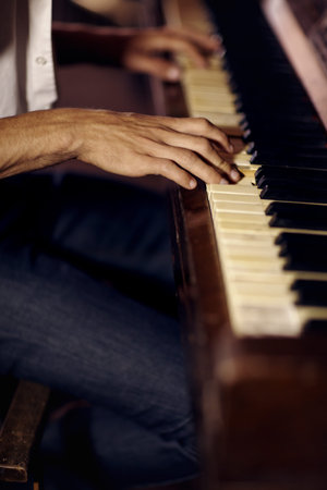 Jazz, hands or man with piano for music, performance or learning solo for entertainment or freedom....