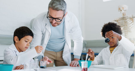 Science, teacher and students with education, classroom and laboratory with research, conversation...