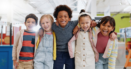 Science, portrait or group of children with smile at convention, expo or exhibition for learning. Kid or face with diversity at tradeshow or scientific conference for knowledge, workshop or educationの写真素材
