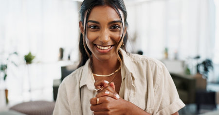 Woman, happy portrait or video call in living room with gen z aesthetic, natural and relaxed for...