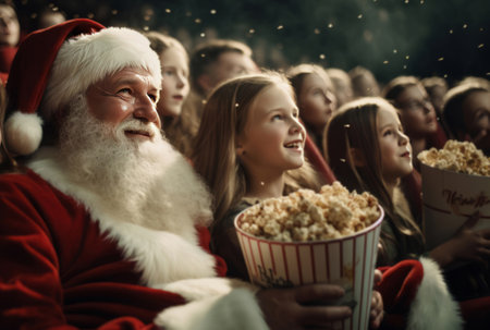 Santa watching movie in cinema with children. Christmas concept.の素材