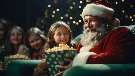 Santa watching movie in cinema with children. Christmas concept.の素材