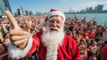 Happy santa in busy modern city. Holiday, festive season. Big party, event. Christmas concept.の素材