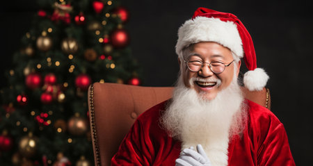Close up portrait of happy, asian santa.Christmas tree in back. Christmas concept.の素材