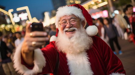 Happy santa taking a selfie in busy city street. Holiday, festive season.の素材