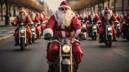 Shot of large group of santas on motorcycles. Riding down street. Christmas concept.の素材