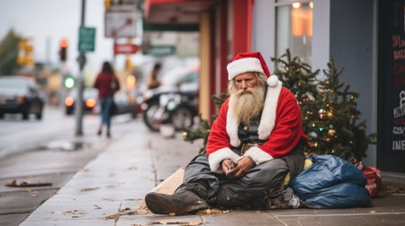 Homeless santa sitting in city street. Economic concept.の素材