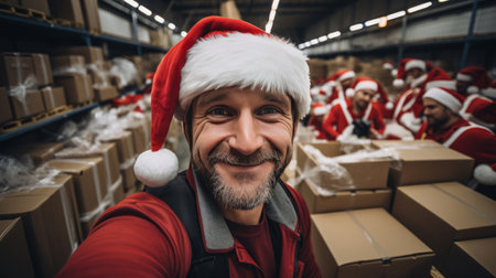 Selfie of happy volunteer or worker in warehouse. Wearing christmas caps smiling.の素材