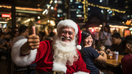 Happy santa in busy city market at night. Holiday, festive season. Christmas concept.の素材