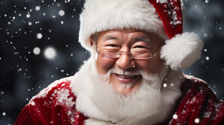 Close-up portrait of happy, asian santa. Snowflakes falling. Christmas concept.の素材