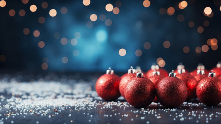 Red noel on table against blue background. Golden bokeh. Christmas concept.の素材