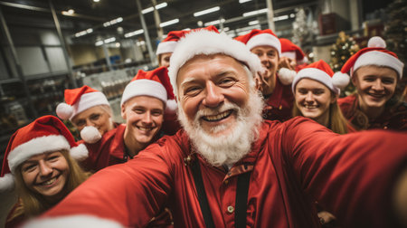 Selfie of happy volunteers or workers in warehouse. Wearing christmas caps smiling.の素材