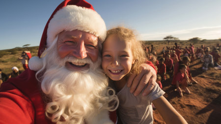 Happy selfie of santa and poor child in rural africa. Spreading love. Christmas concept.の素材