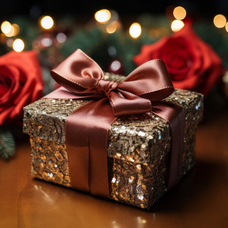 Gift with ribbon and bow on table. Bokeh in background.の素材