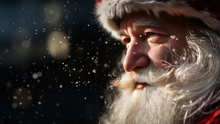 Close-up portrait of traditional santa. Black backdrop. Copy space. Christmas concept.の素材