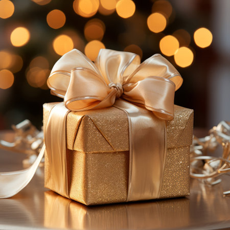 Gift with ribbon and bow on table. Bokeh in background.の素材