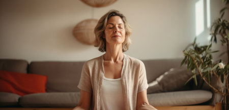 Mature senior woman practice guided meditation for mental health problems and peaceの素材