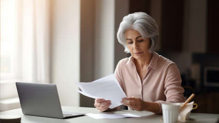 Laptop, documents and finance with a senior woman busy on a budget review or pension fundの素材