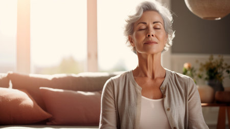 Mature senior woman practice guided meditation for mental health problems and peaceの素材