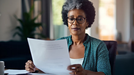 Laptop, documents and finance with a senior woman busy on a budget review or pension fundの素材