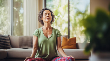 Mature senior woman practice guided meditation for mental health problems and peaceの素材
