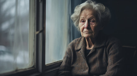 Depressed elderly woman at home. Senior woman mental health conceptの素材