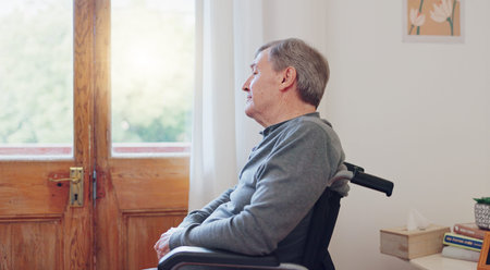 Wheelchair, thinking and sad senior man in retirement home with mental health and grief. Bedroom,...