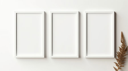 Mock-up set of photo frames on wall. White edges. Modern concept. Copy space.の素材