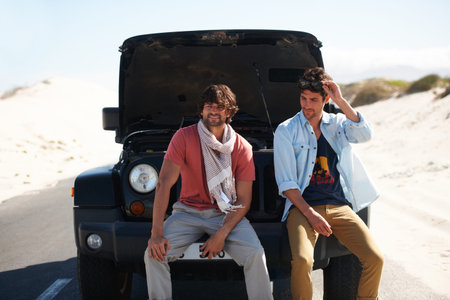 Friends, men and car breakdown on road trip, travel and journey outdoor. Engine problem, truck fail...