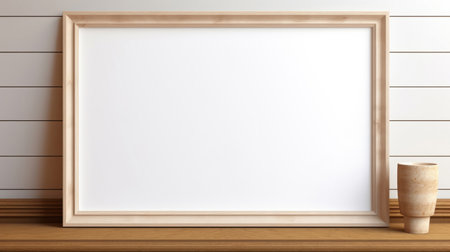 Mock up photo frame on the brown shelf. Modern concept. Copy space.の素材