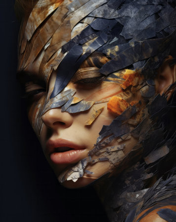 Portrait of female with abstract textured make-up style. Creative art for modern artistの素材