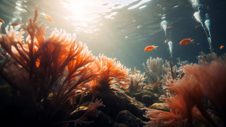 Underwater scenery, various types of fish in distance. Illuminated coral reefs.の素材