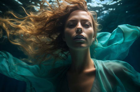 Model underwater wearing green flowing dress. Editorial concept.の素材