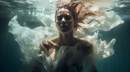 Model underwater wearing dress. Calm relaxation concept. Editorial concept.の素材