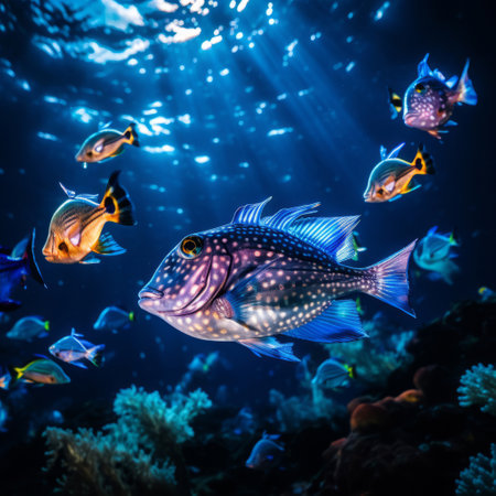 Underwater close-up of glowing fish. Animal sea life at night.の素材