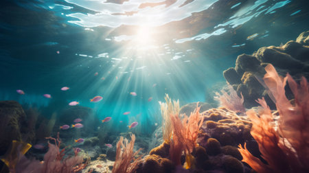 Underwater scenery, various types of fish in distance. Beautiful coral reefs.の素材