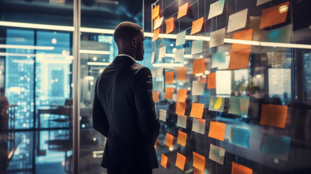 Business man looking and brainstorming with ideas on glass board and sticky noteの素材
