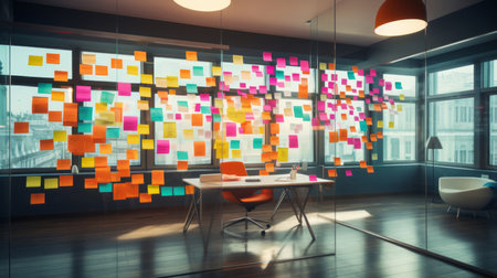 Bright and colorful post-its or sticky notes on a glass wall. For project planning and strategyの素材