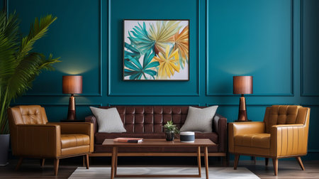 Teal living room sofa design with decor. Modern interior layout idea conceptの素材