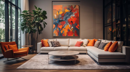 Living room sofa design with decor. Modern interior layout idea conceptの素材