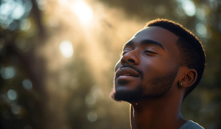Close-up portrait of young black male. Eyes closed. Peaceful, prayer.の素材