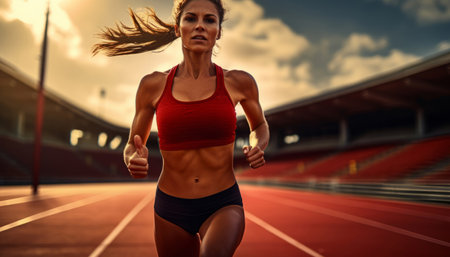 Shot of young, fit woman running on track. Fitness, sport, runner Concept.の素材