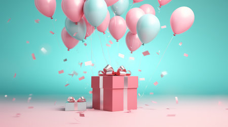 Pink gift box with pink bow. Balloons and present on a pink and turquoise background.の素材