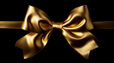 Golden bow on black background. Gift, present, decor for birthday, Valentine or christmasの素材