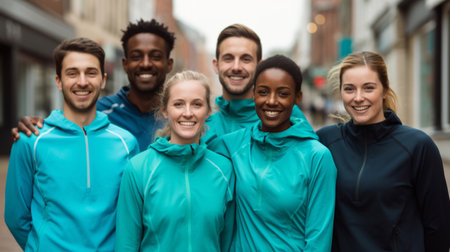 Group portrait of happy young fitness group in urban road. Fitness, sport, runner Concept.の素材