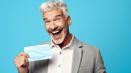 Happy mature man holding a ticket or gift voucher. Excited male holding a blank cardの素材