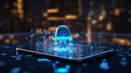 Hologram of chatbot or artificial intelligence floating above a cellphone screenの素材