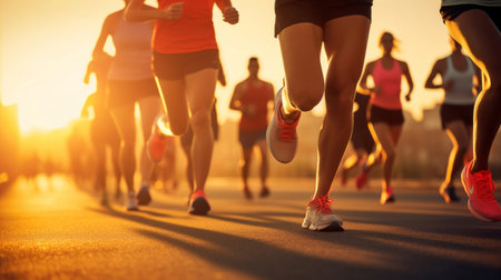 Journalistic shot of marathon. Low angle shot in sunset. Fitness concept.の素材