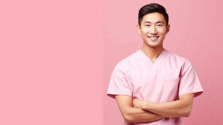 Friendly medical doctor or nurse in pink uniform scrubs on copyspace background.の素材